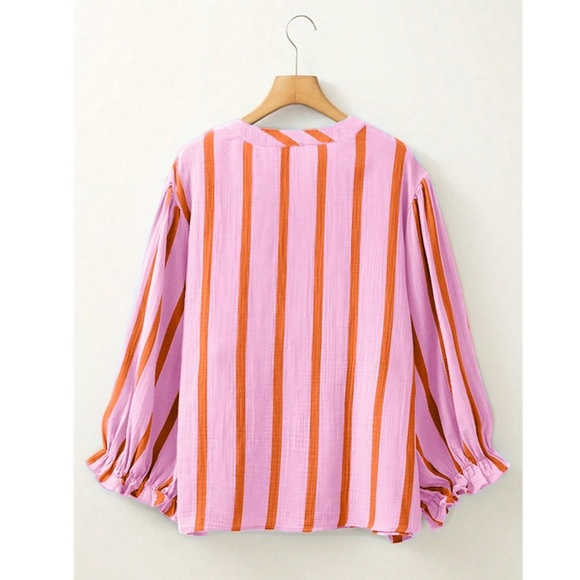 Pink with Red Stripes Oversized Button Down Shirt Batwing Sleeve - Picture 4 of 5